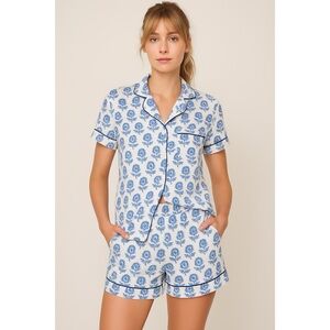 Petite Plume Pajamas Womens XL White Blue Bristol Bay Floral Pima Knit Short Set